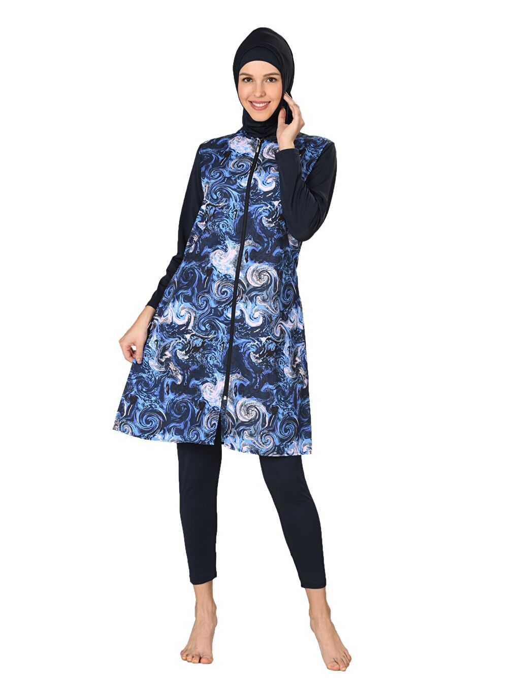 Mavi Tam Kapalı Paraşüt Kumaş Tesettür Mayo 3064-3