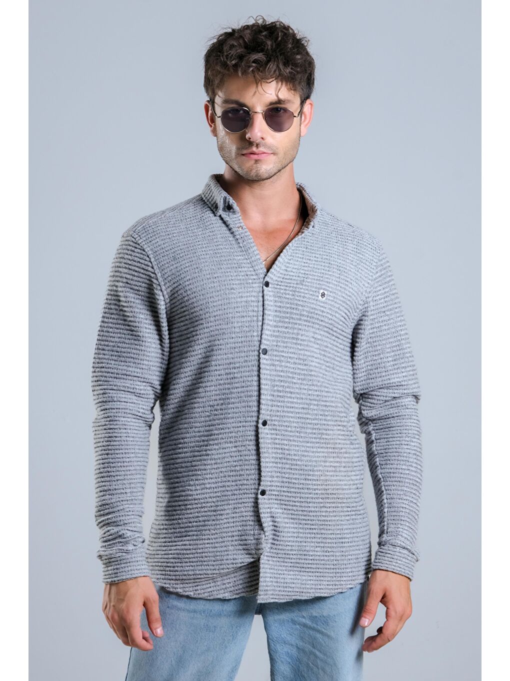 Gri Çıtçıt Düğmeli Kışlık Örme Gömlek MAR 4215-2
