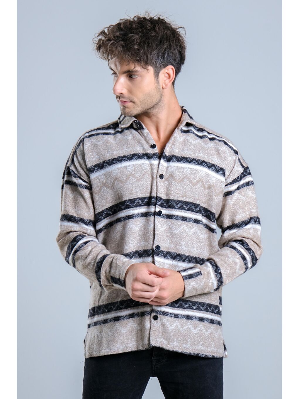 Bej Oversize Desenli Kışlık Erkek Gömlek MAR Over20-2