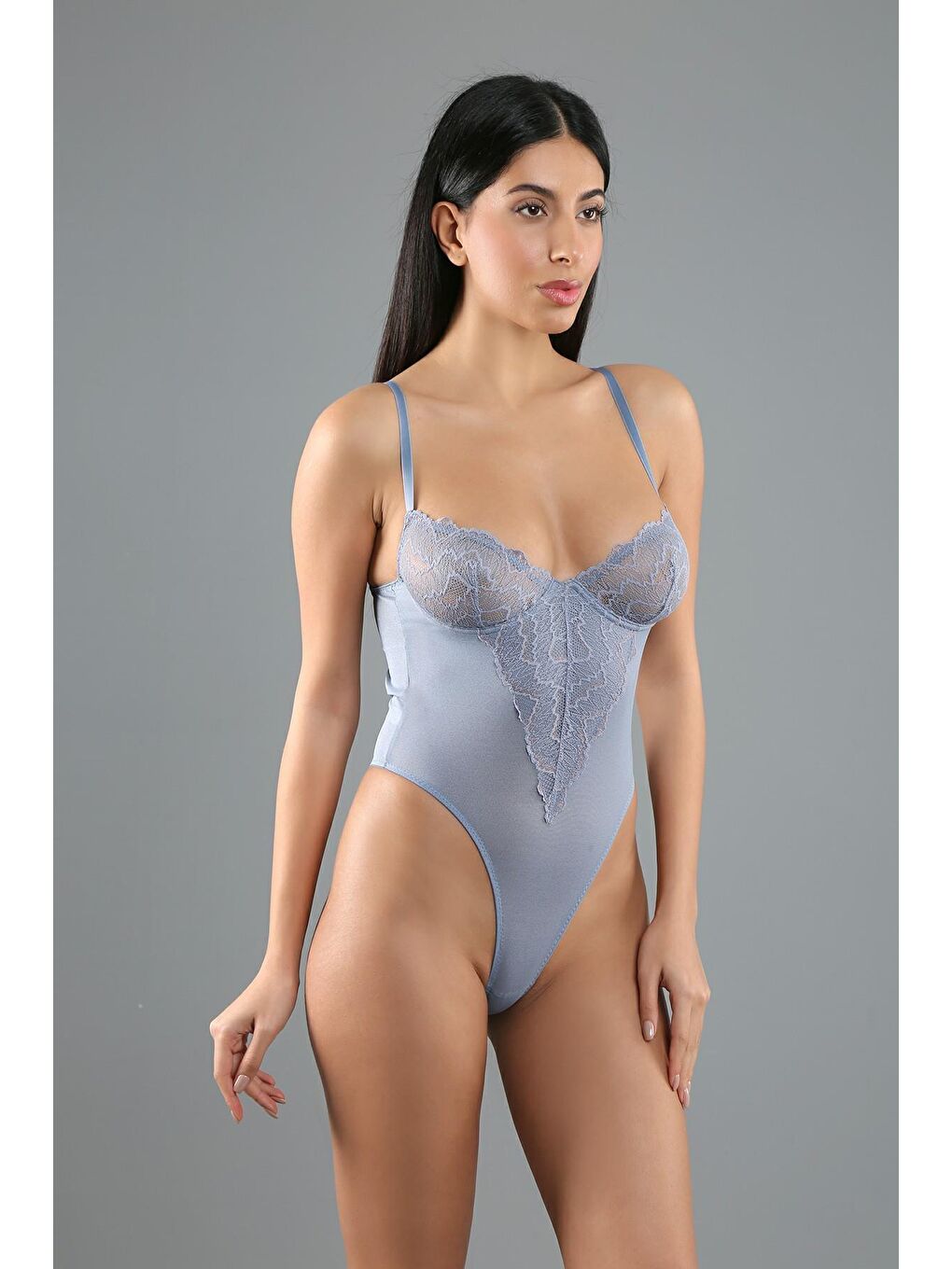 C&City Desteksiz Dantelli Çıtçıtlı Body C15082 Mavi