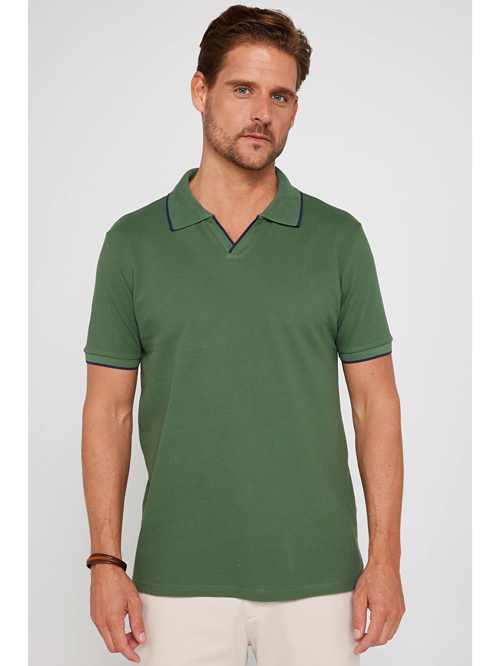 Erkek Slim Fit Dar Kesim %100 Pamuk Düz Pike Düğmesiz Haki Polo Yaka Tişört