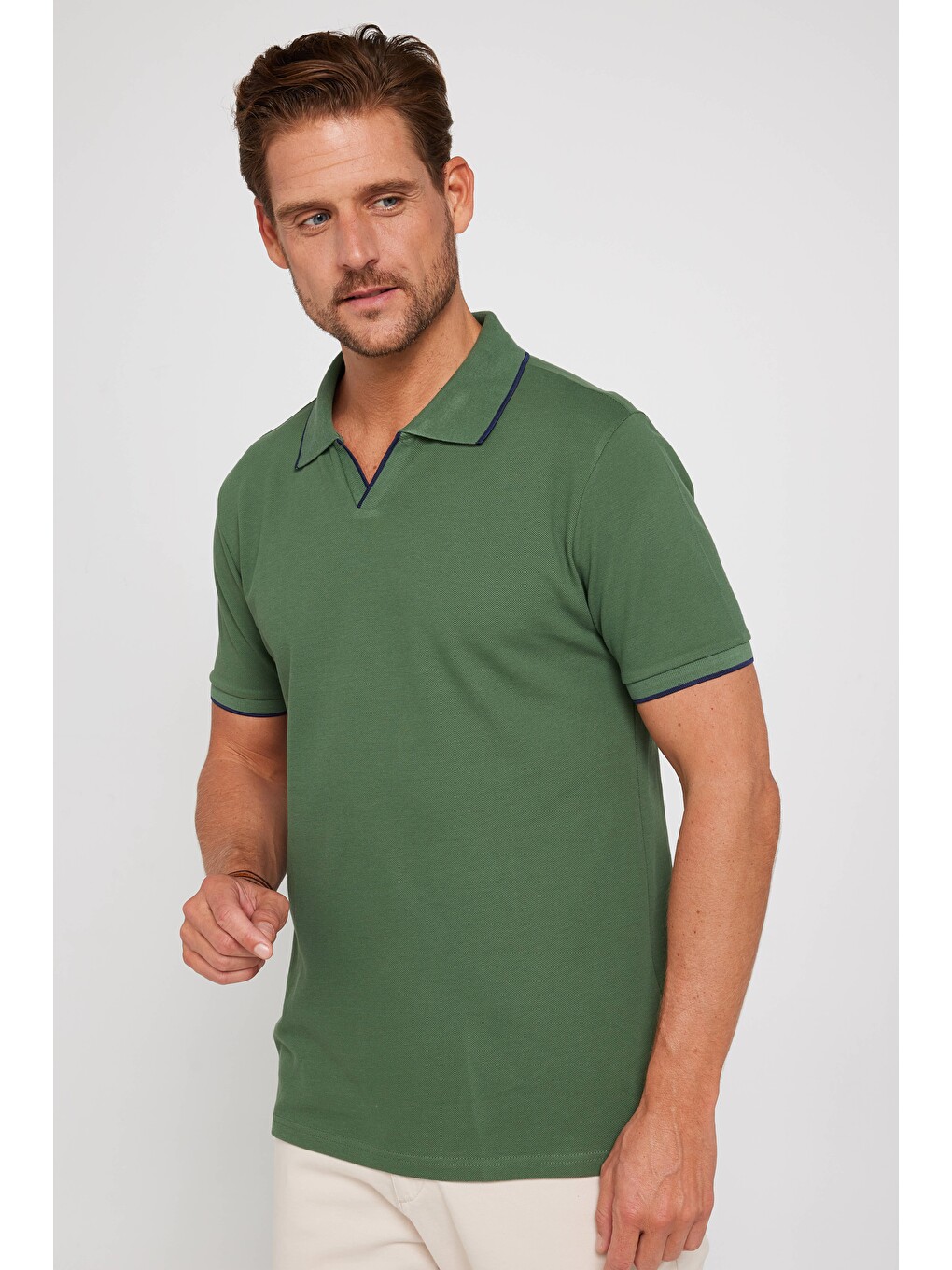 Erkek Slim Fit Dar Kesim %100 Pamuk Düz Pike Düğmesiz Haki Polo Yaka Tişört-1