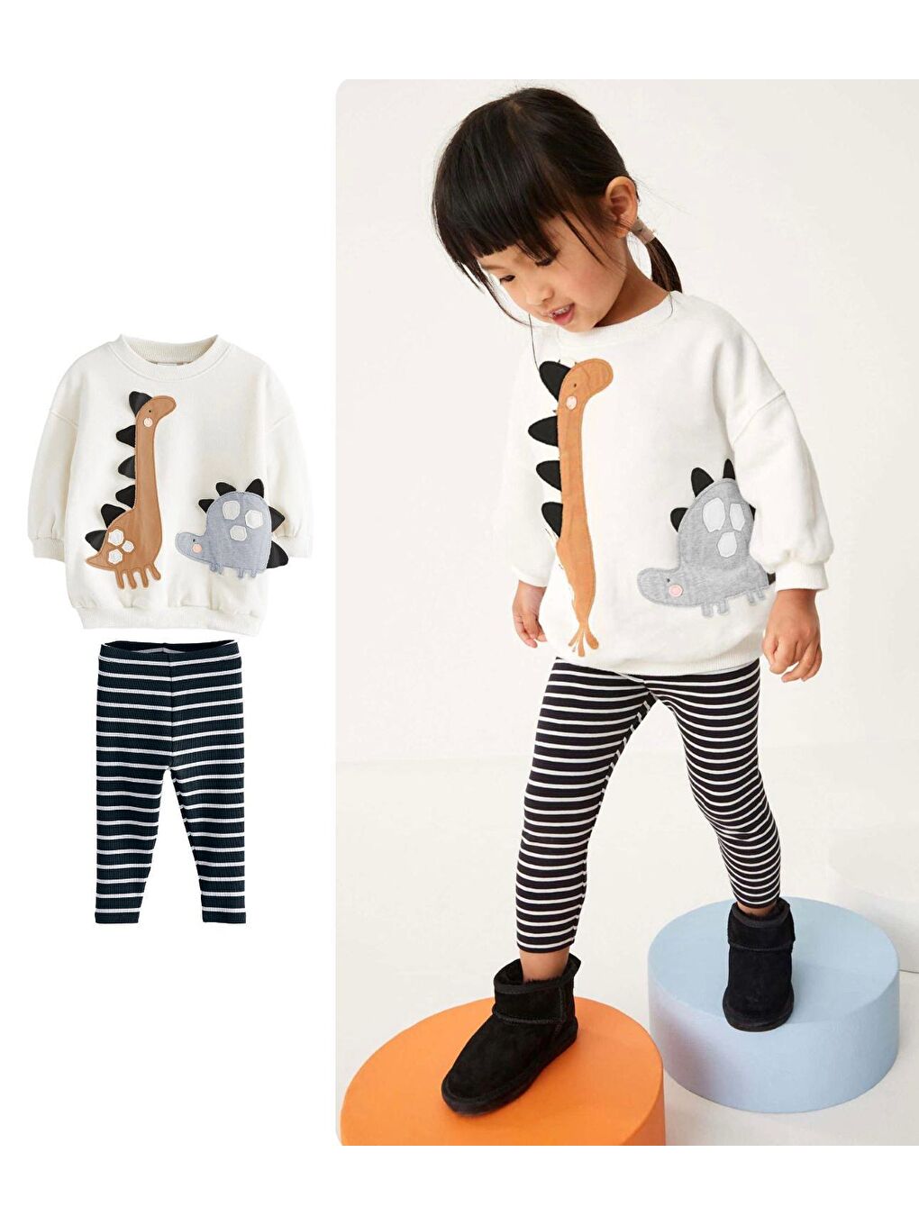 Beyaz Hayvancık Nakışlı Desenli Kışlık Pamuklu Sweatshirt Tayt Alt-Üst Takım Kız Çocuk-1