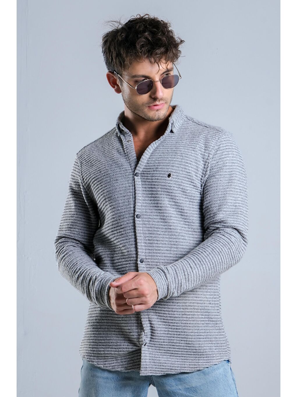 Gri Çıtçıt Düğmeli Kışlık Örme Gömlek MAR 4215-3
