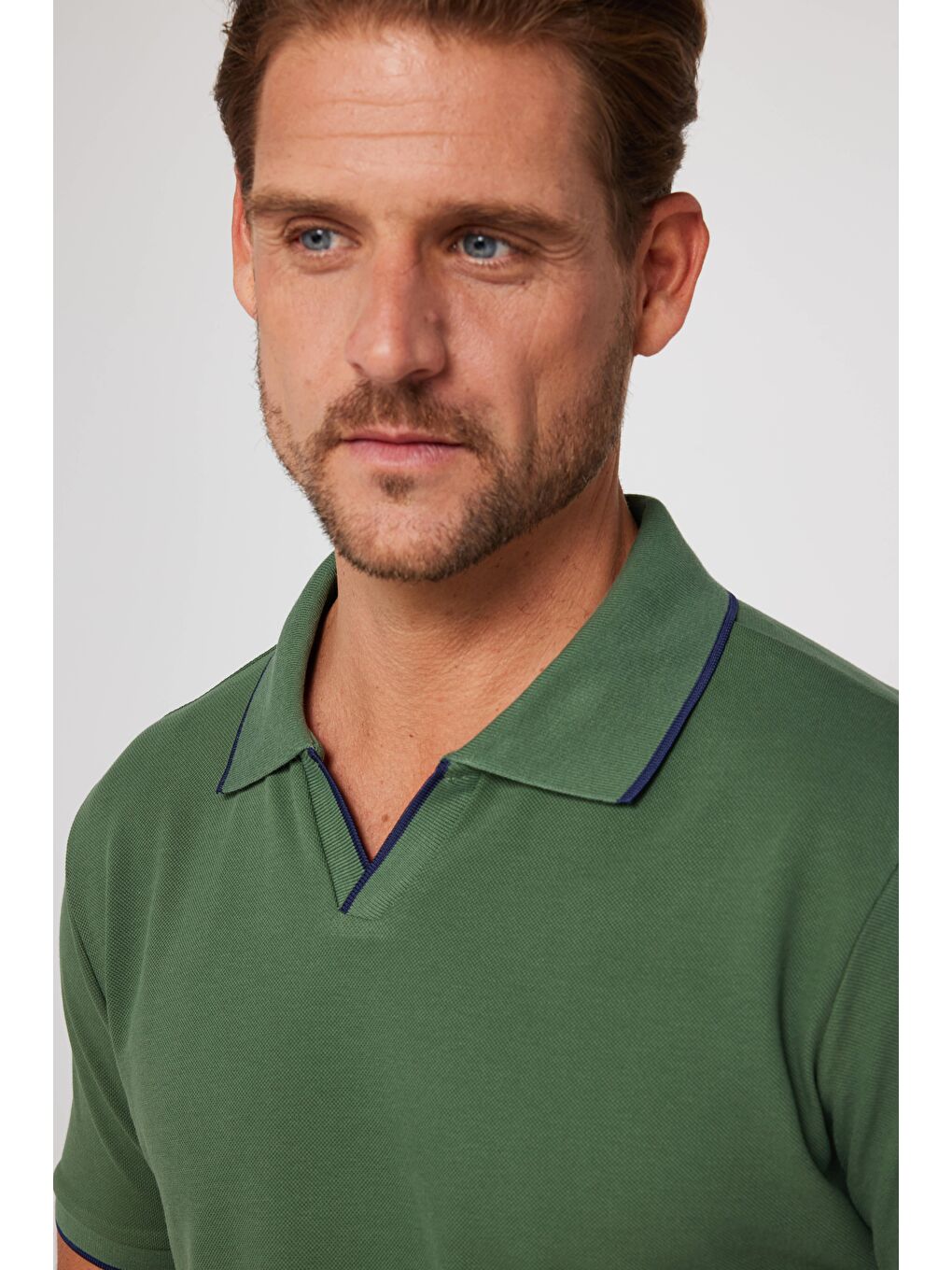 Erkek Slim Fit Dar Kesim %100 Pamuk Düz Pike Düğmesiz Haki Polo Yaka Tişört-2