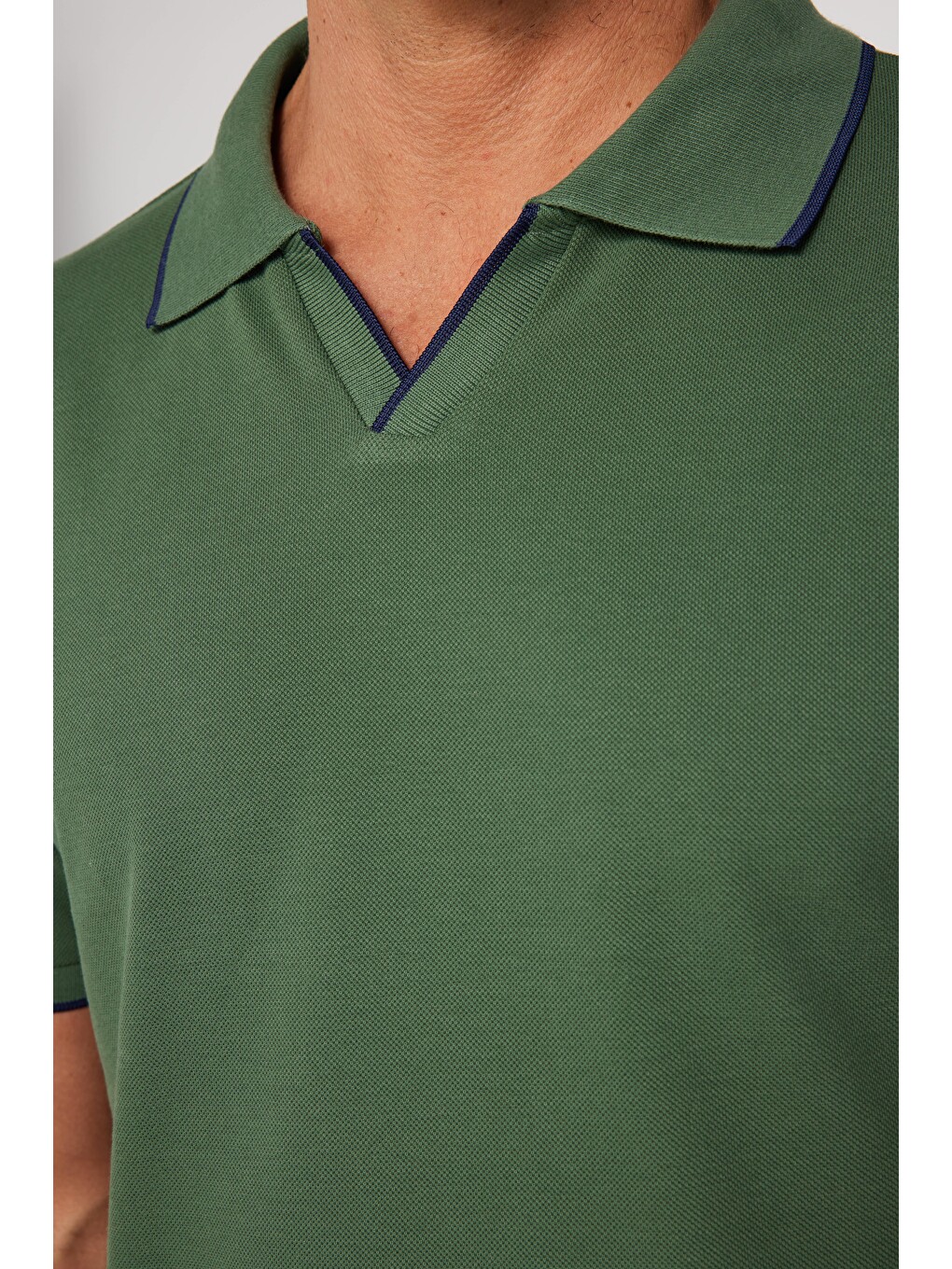 Erkek Slim Fit Dar Kesim %100 Pamuk Düz Pike Düğmesiz Haki Polo Yaka Tişört-3