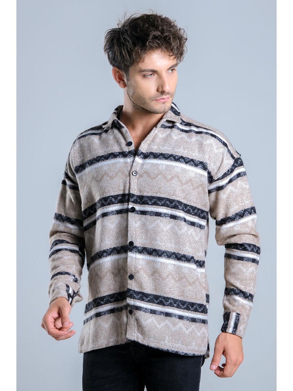 Bej Oversize Desenli Kışlık Erkek Gömlek MAR Over20-3