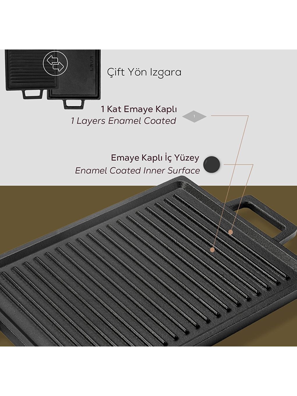 LAVA Siyah Dikdörtgen Çift Yön Izgara Hot Plate Döküm Demir Yekpare Çift Kulplu Ölçü 22x30cm. - 5