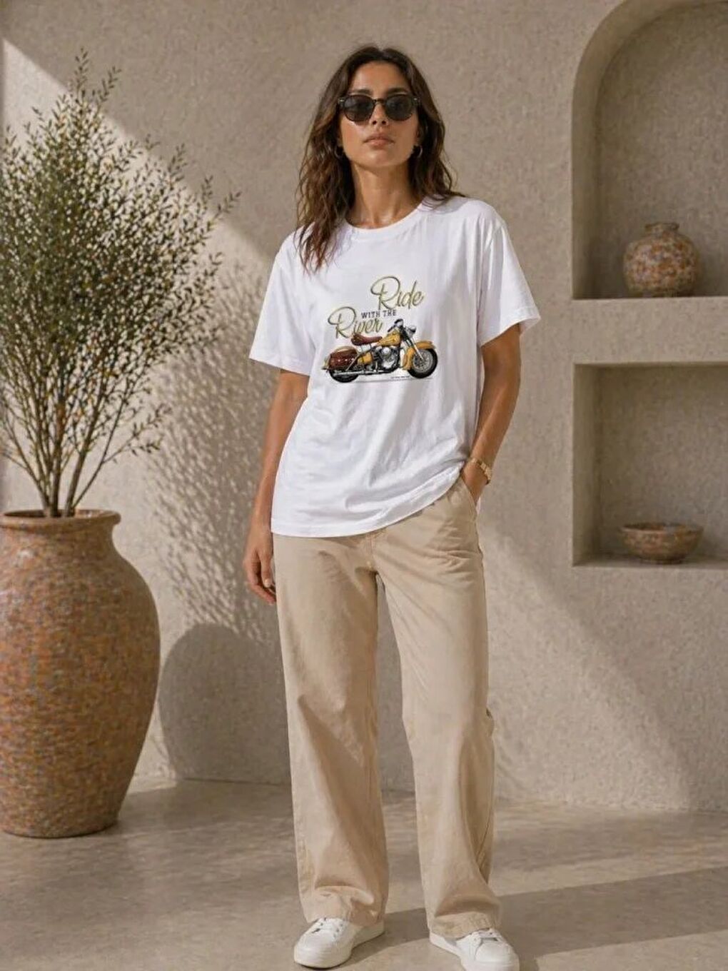 Motosiklet Baskılı Tişört Bisiklet Yaka Kısa Kol Yazlık T-Shirt - Beyaz-1