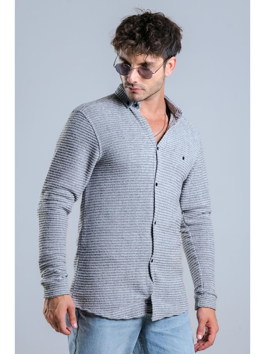 Gri Çıtçıt Düğmeli Kışlık Örme Gömlek MAR 4215-4