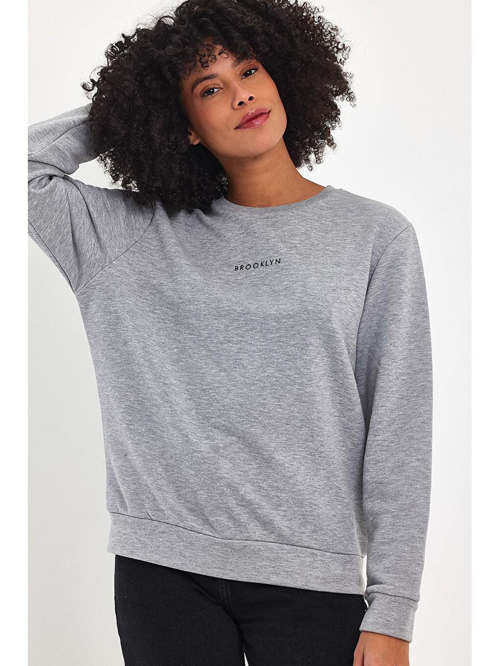 Süperlife Açık Gri Kadın Bisiklet Yaka Rahat Kalıp 3 iplik Kalın Orta Brooklyn Nakışlı Sweatshirt SPR24SWk34 - 3