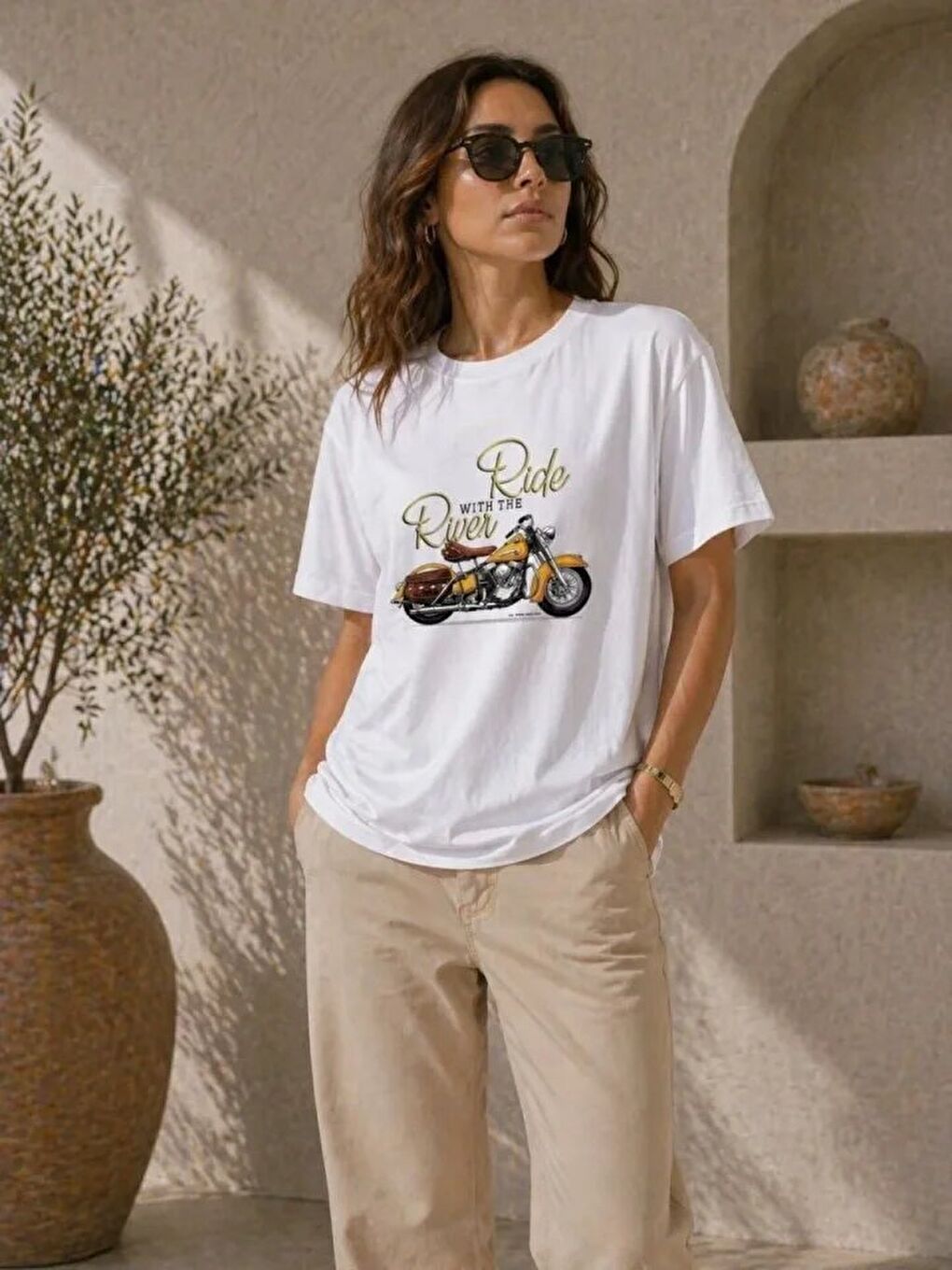 Motosiklet Baskılı Tişört Bisiklet Yaka Kısa Kol Yazlık T-Shirt - Beyaz-2
