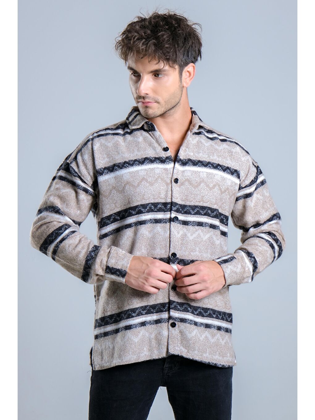 Bej Oversize Desenli Kışlık Erkek Gömlek MAR Over20-4