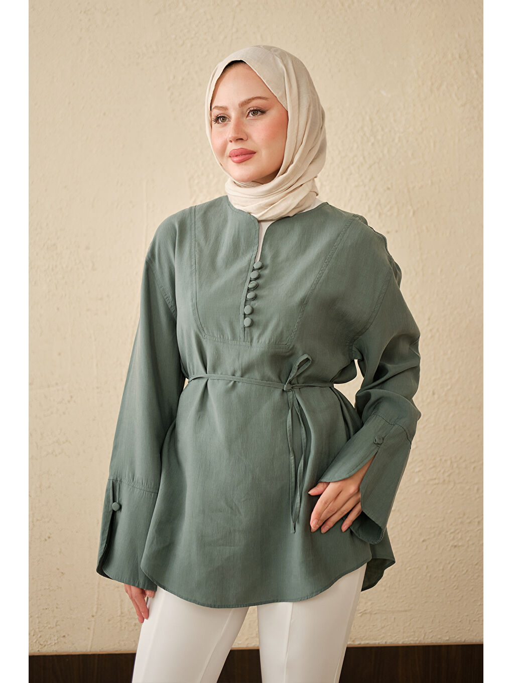 Kadın Önü Çoban Düğmeli Bel Bağlamalı Tunik Mint Yeşil