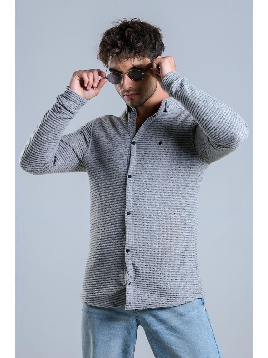 Gri Çıtçıt Düğmeli Kışlık Örme Gömlek MAR 4215-5