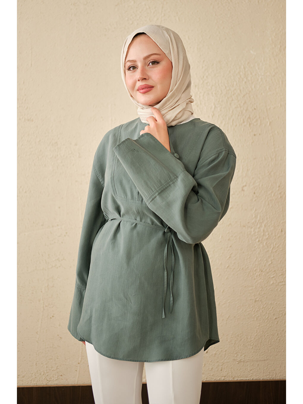Kadın Önü Çoban Düğmeli Bel Bağlamalı Tunik Mint Yeşil-1