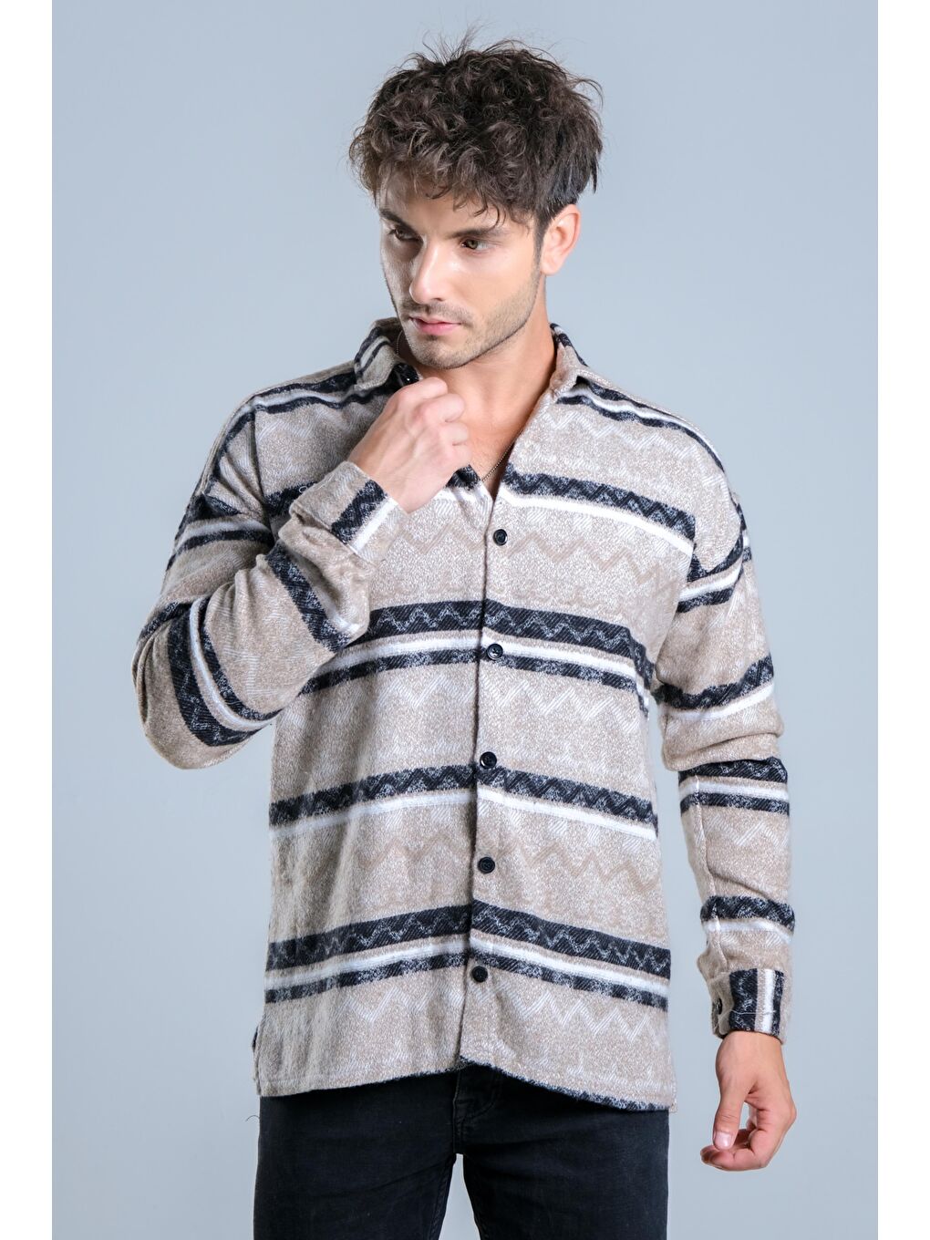 Bej Oversize Desenli Kışlık Erkek Gömlek MAR Over20-5