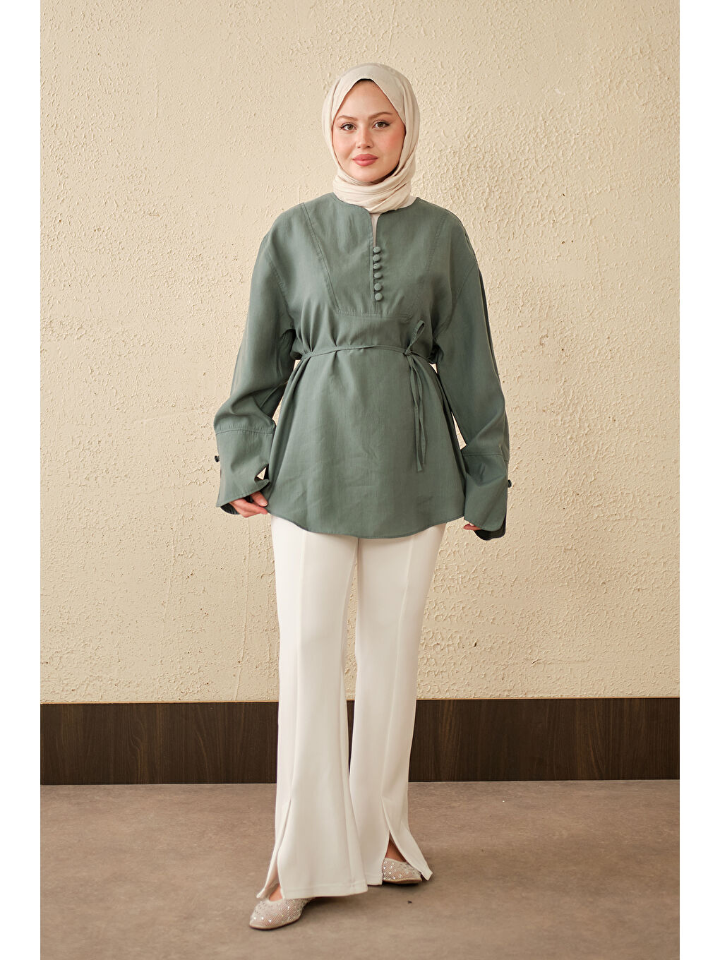 Kadın Önü Çoban Düğmeli Bel Bağlamalı Tunik Mint Yeşil-2