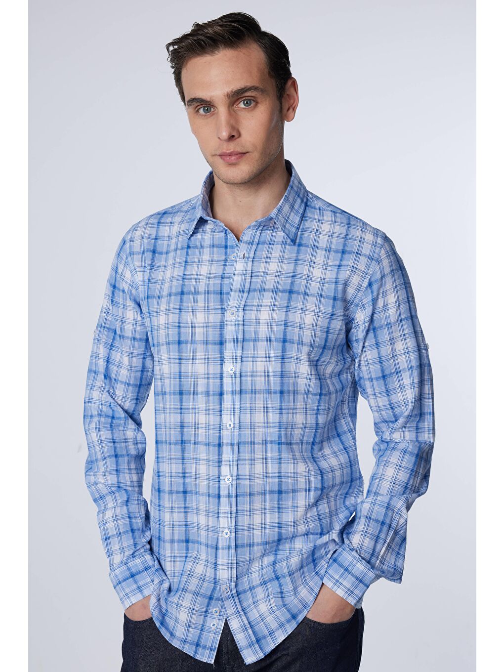 Karışık Erkek Slim Fit Dar Kesim Uzun Kollu %100 Pamuk Keten Doku Kareli Gömlek