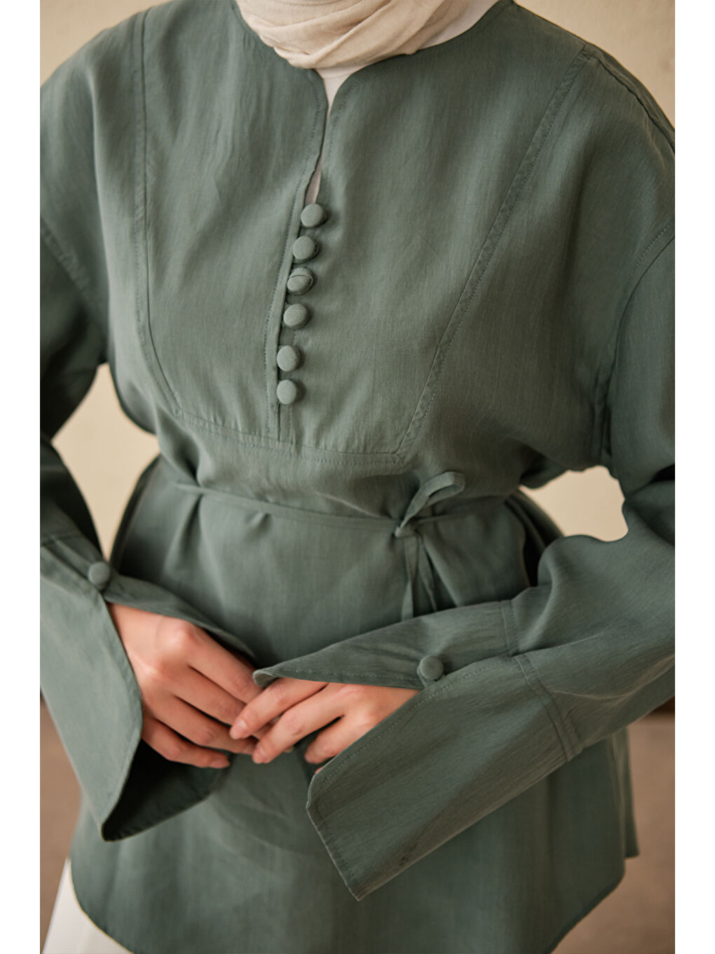 Kadın Önü Çoban Düğmeli Bel Bağlamalı Tunik Mint Yeşil-3