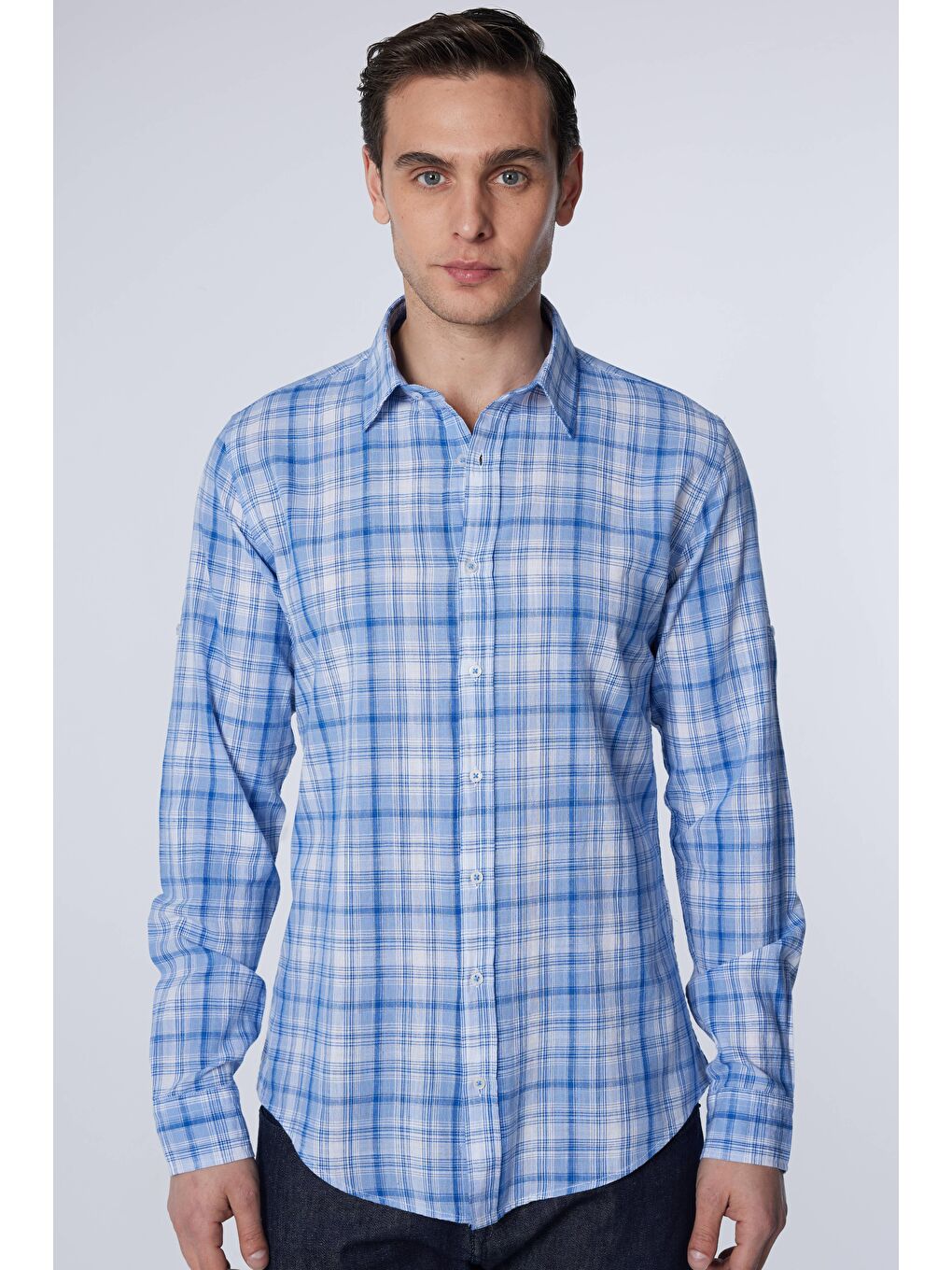 Karışık Erkek Slim Fit Dar Kesim Uzun Kollu %100 Pamuk Keten Doku Kareli Gömlek-1