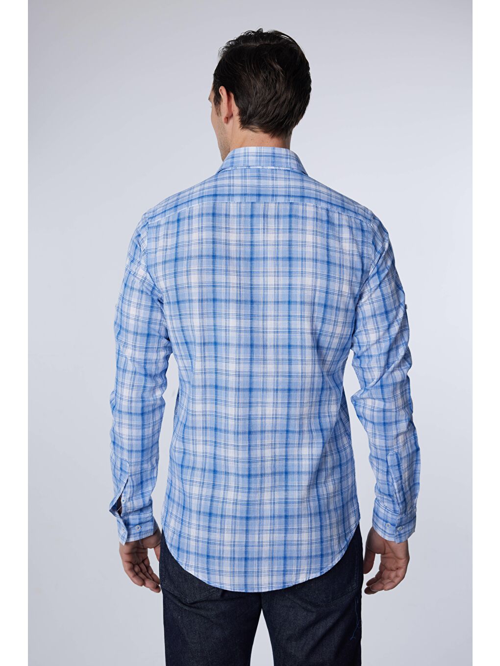 Karışık Erkek Slim Fit Dar Kesim Uzun Kollu %100 Pamuk Keten Doku Kareli Gömlek-2