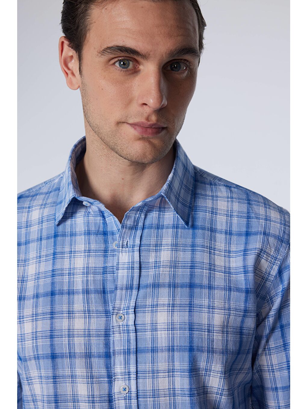 Karışık Erkek Slim Fit Dar Kesim Uzun Kollu %100 Pamuk Keten Doku Kareli Gömlek-3