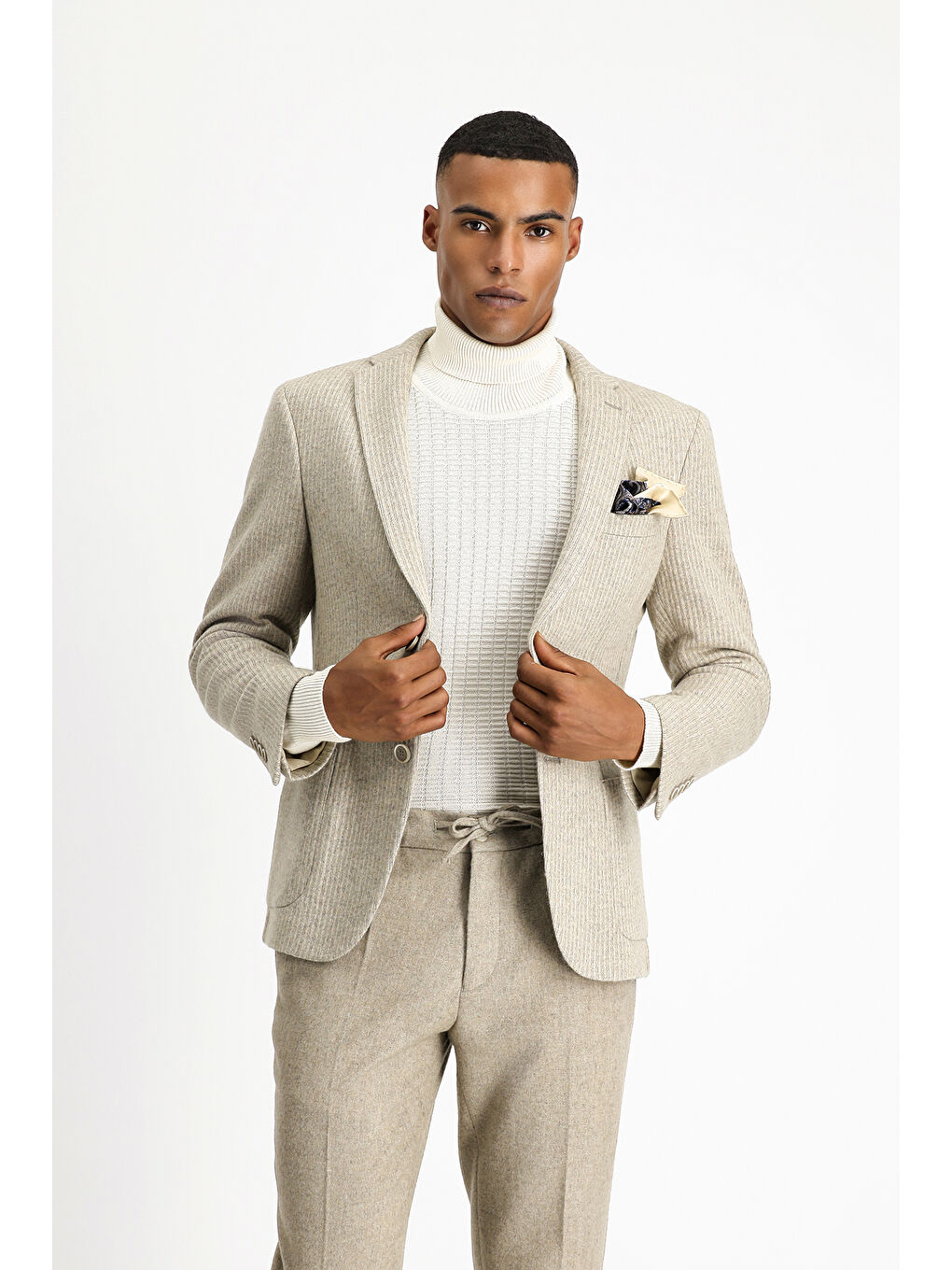 Bej Relaxed Fit Rahat Kesim Yünlü Çizgili Spor Örme Ceket