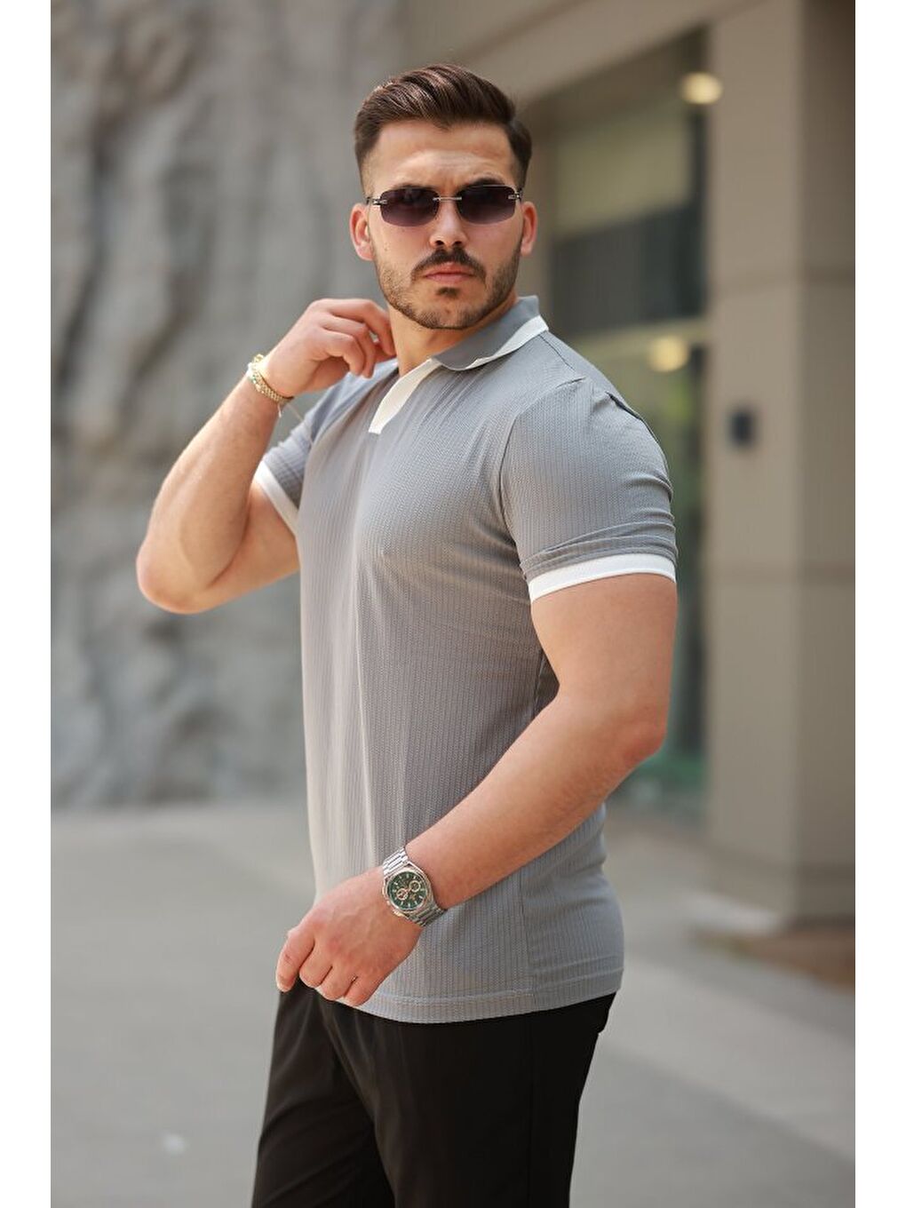 Gri Erkek Hemşire Yaka Kısa Kollu Tişört-1