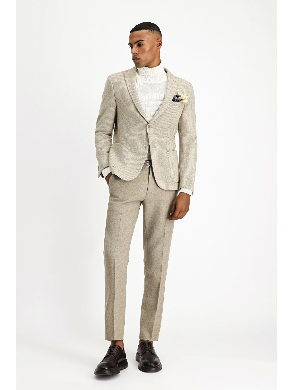 Bej Relaxed Fit Rahat Kesim Yünlü Çizgili Spor Örme Ceket-1