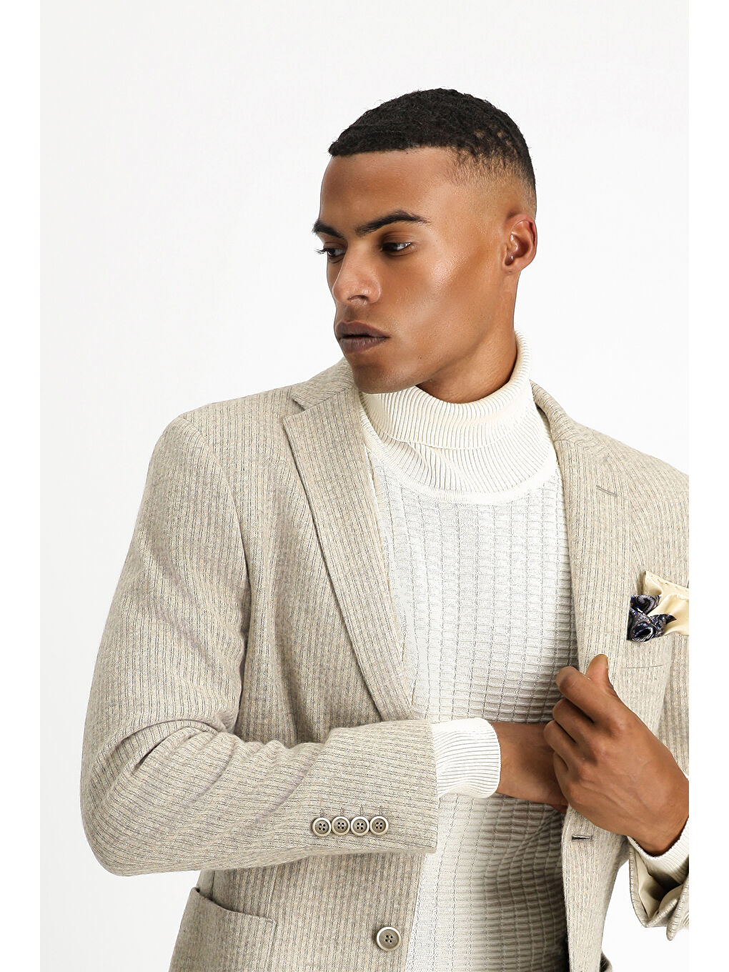 Bej Relaxed Fit Rahat Kesim Yünlü Çizgili Spor Örme Ceket-2