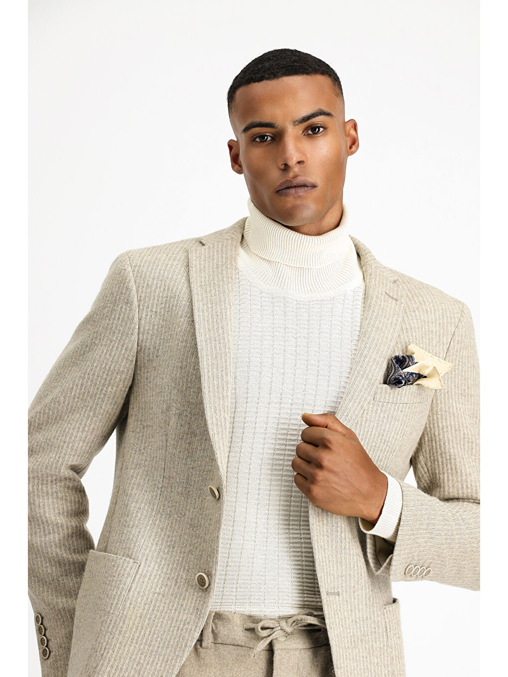 Bej Relaxed Fit Rahat Kesim Yünlü Çizgili Spor Örme Ceket-3