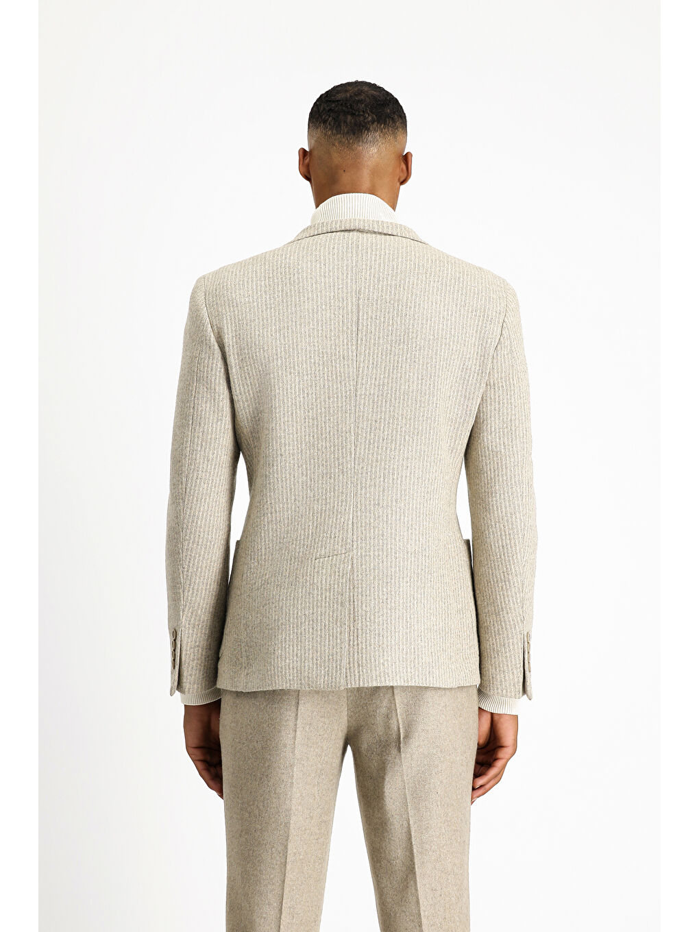 Bej Relaxed Fit Rahat Kesim Yünlü Çizgili Spor Örme Ceket-4