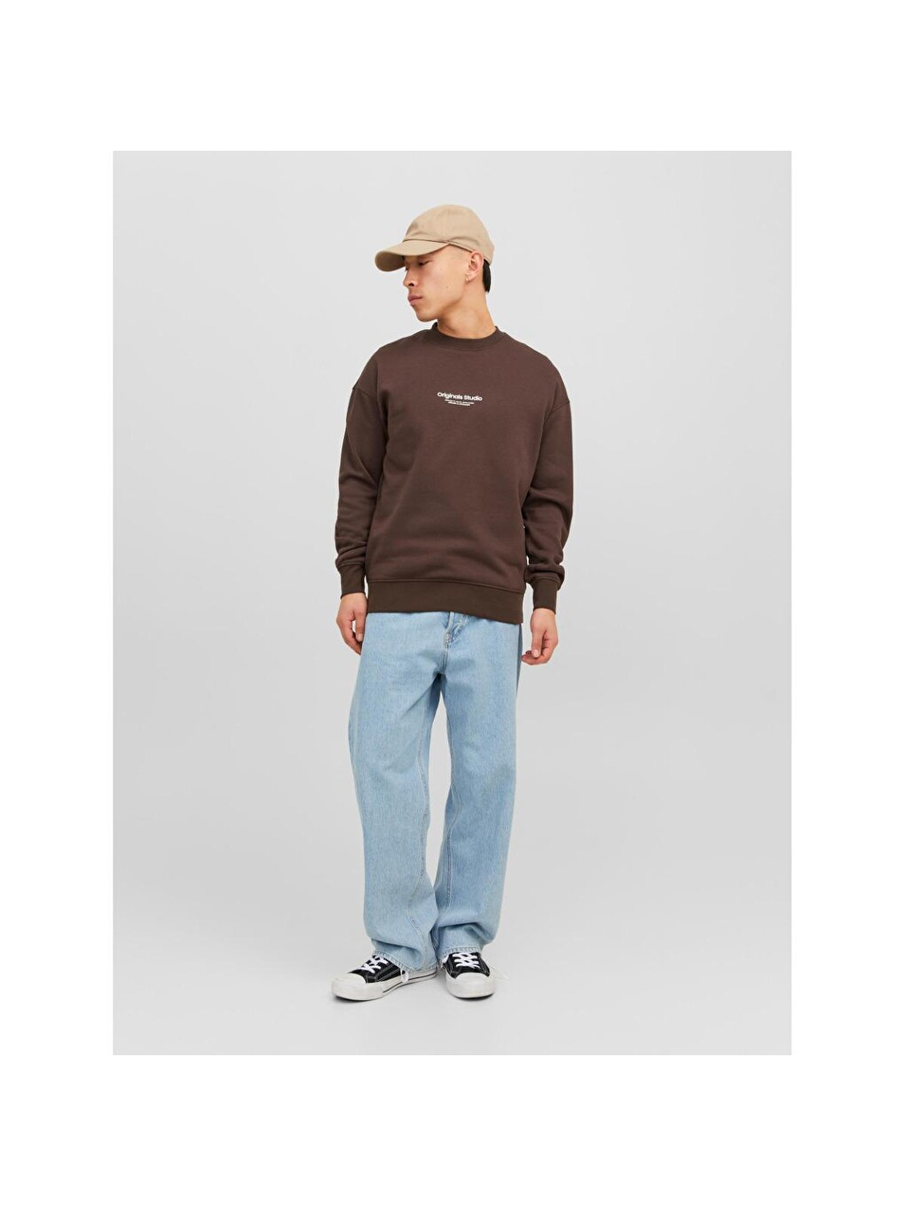 Erkek Kahverengi Bisiklet Yaka Sweatshirt-1