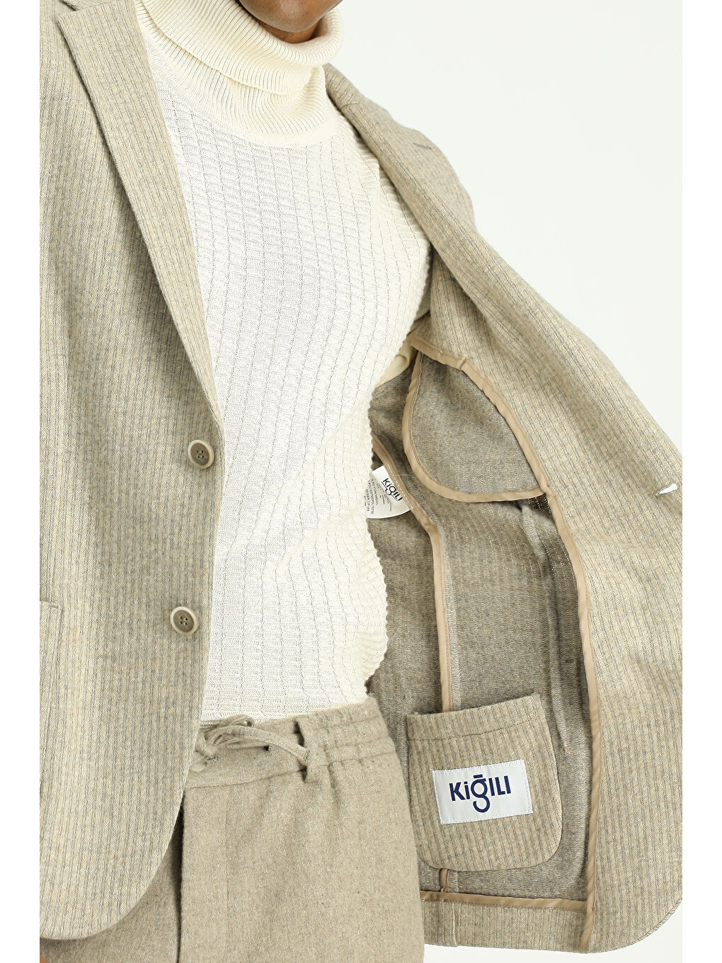 Bej Relaxed Fit Rahat Kesim Yünlü Çizgili Spor Örme Ceket-5