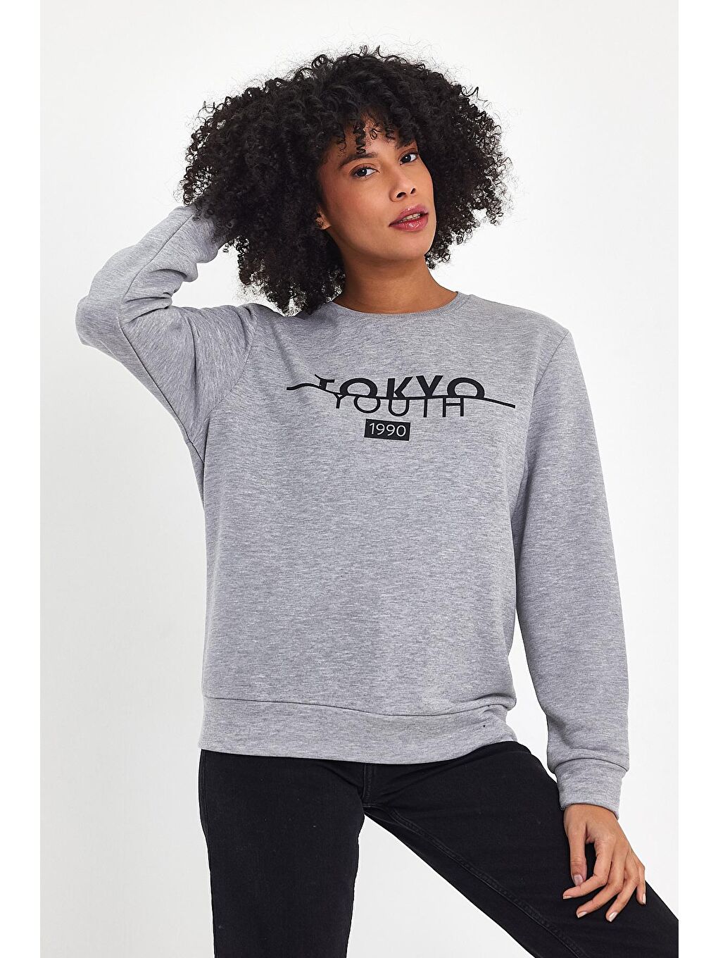 Süperlife Açık Gri Kadın Bisiklet Yaka Rahat Kalıp 3 iplik Kalın Tokyo Baskılı Sweatshirt SPR24SWk30