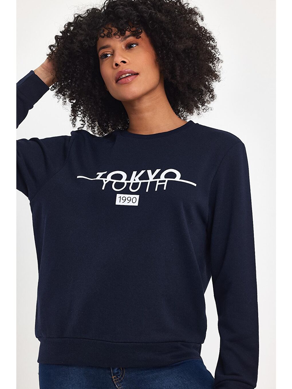 Süperlife Lacivert Kadın Bisiklet Yaka Rahat Kalıp 3 iplik Kalın Tokyo Baskılı Sweatshirt SPR24SWk30 - 2