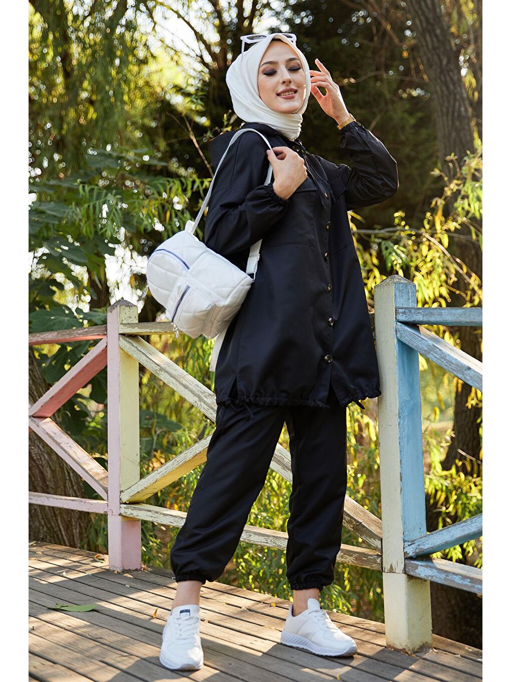 Kapüşonlu Yaka Kadın Siyah Tunık Pantolon - 3711-1