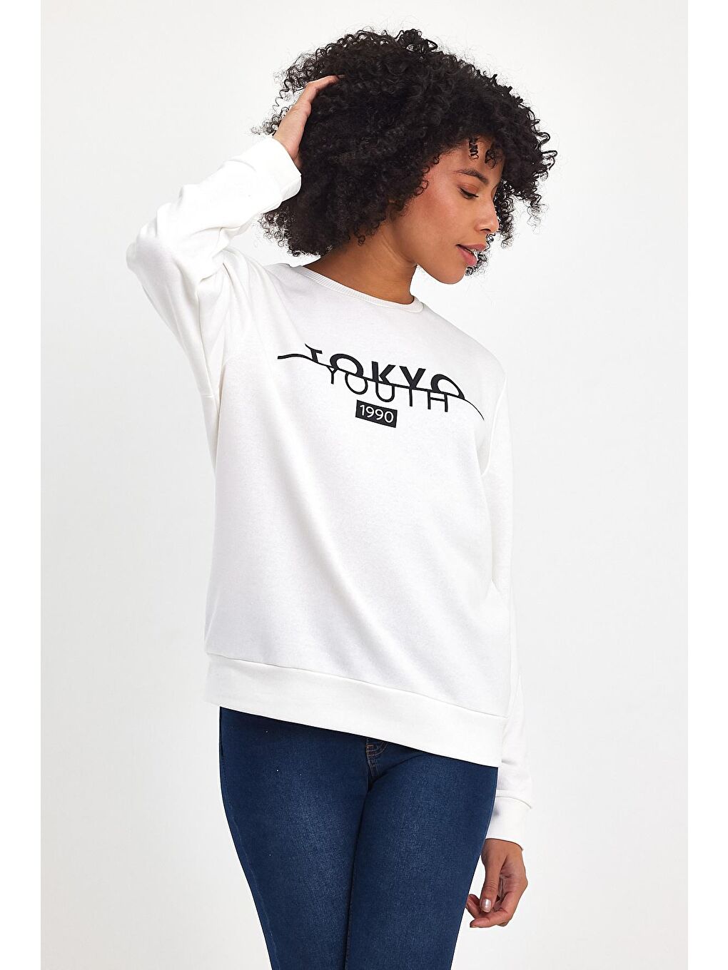 Süperlife Ekru Kadın Bisiklet Yaka Rahat Kalıp 3 iplik Kalın Tokyo Baskılı Sweatshirt SPR24SWk30