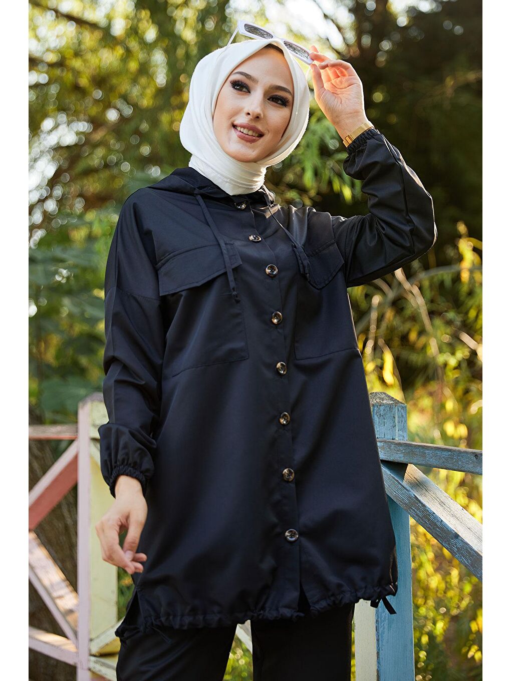 Kapüşonlu Yaka Kadın Siyah Tunık Pantolon - 3711-3