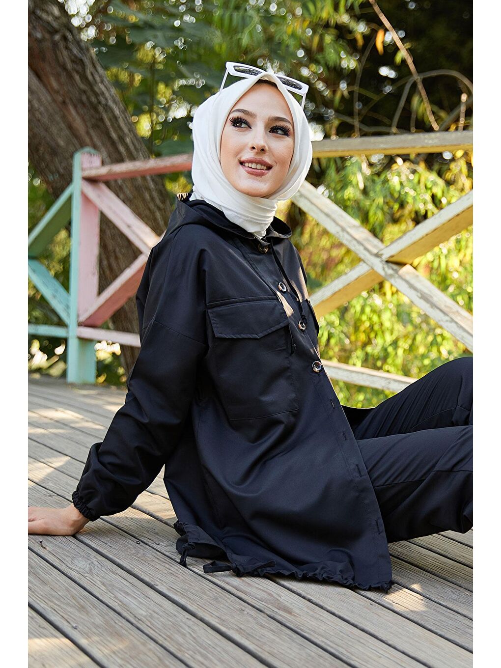 Kapüşonlu Yaka Kadın Siyah Tunık Pantolon - 3711-4