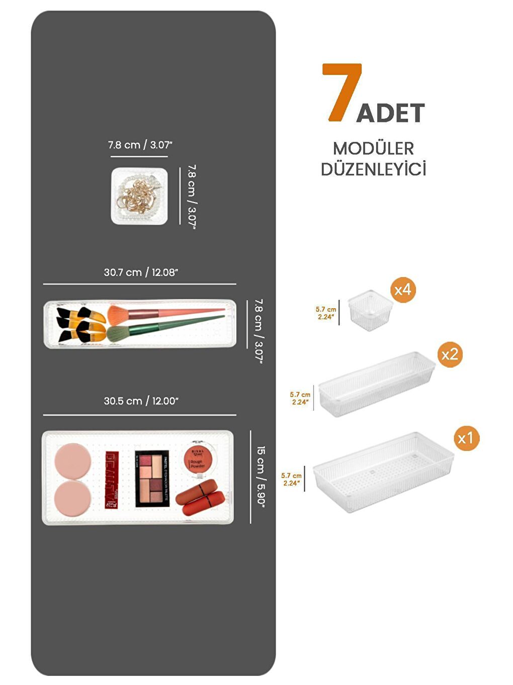 Renksiz 7 Parça Modüler Organizer Set - Kozmetik Aksesuar Düzenleyici Şeffaf-1