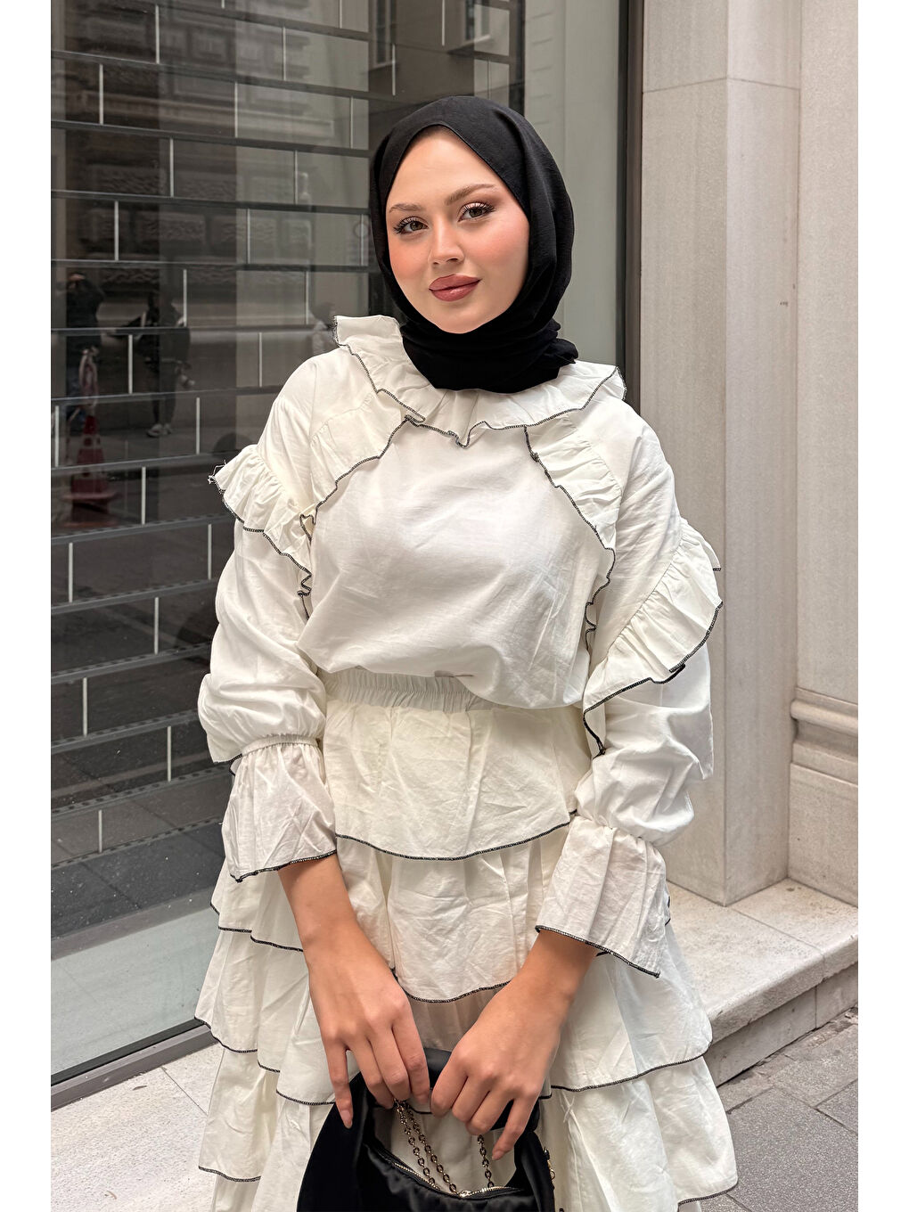 Kadın Kat Kat Vual Etekli Takım Bej-1