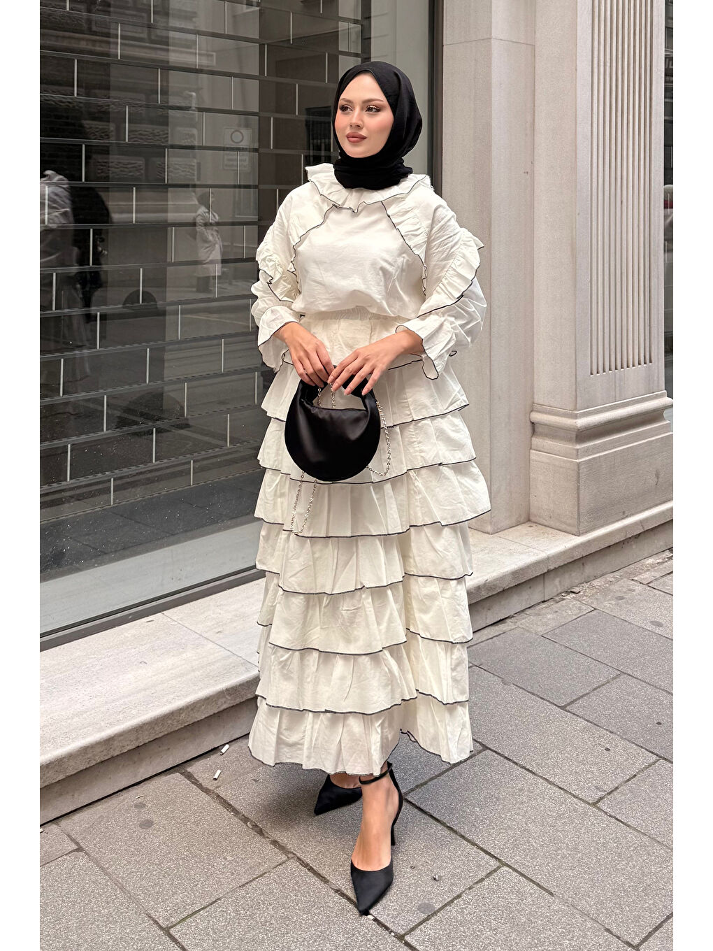 Kadın Kat Kat Vual Etekli Takım Bej-2