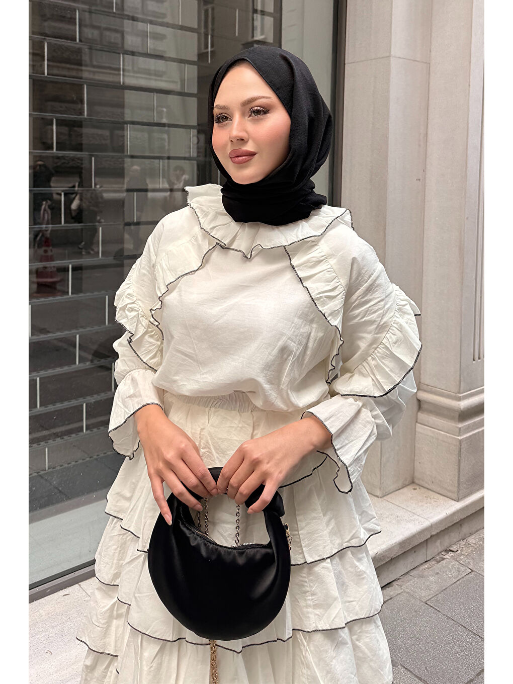 Kadın Kat Kat Vual Etekli Takım Bej-3