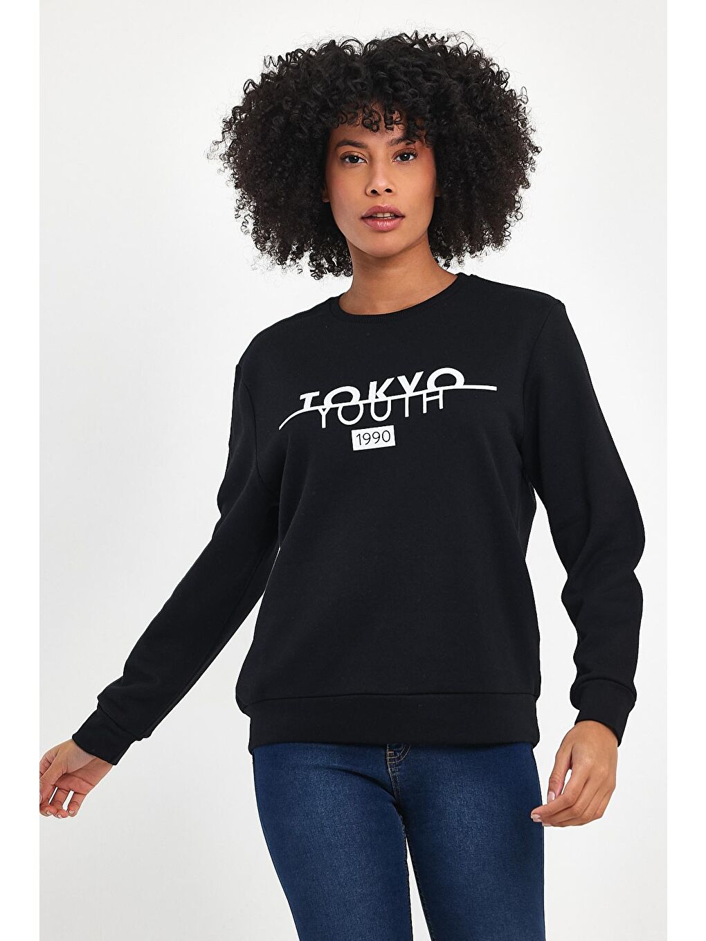 Süperlife Siyah Kadın Bisiklet Yaka Rahat Kalıp 3 iplik Kalın Tokyo Baskılı Sweatshirt SPR24SWk30 - 2