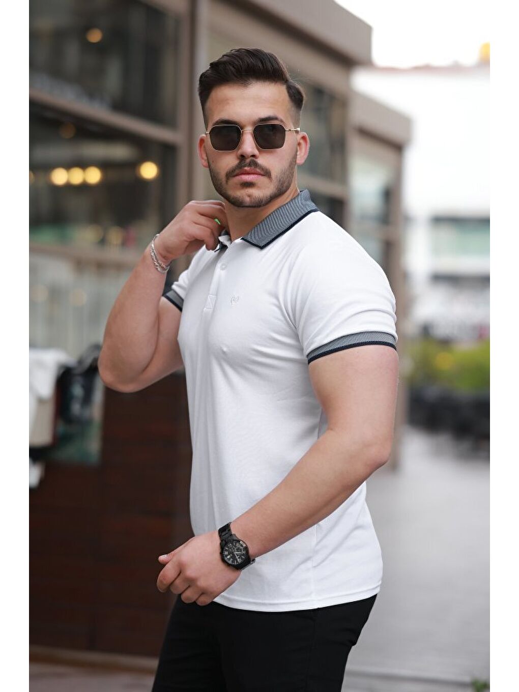 Beyaz Erkek Yakalı Kagi Kumaş Kısa Kollu Tişört-1