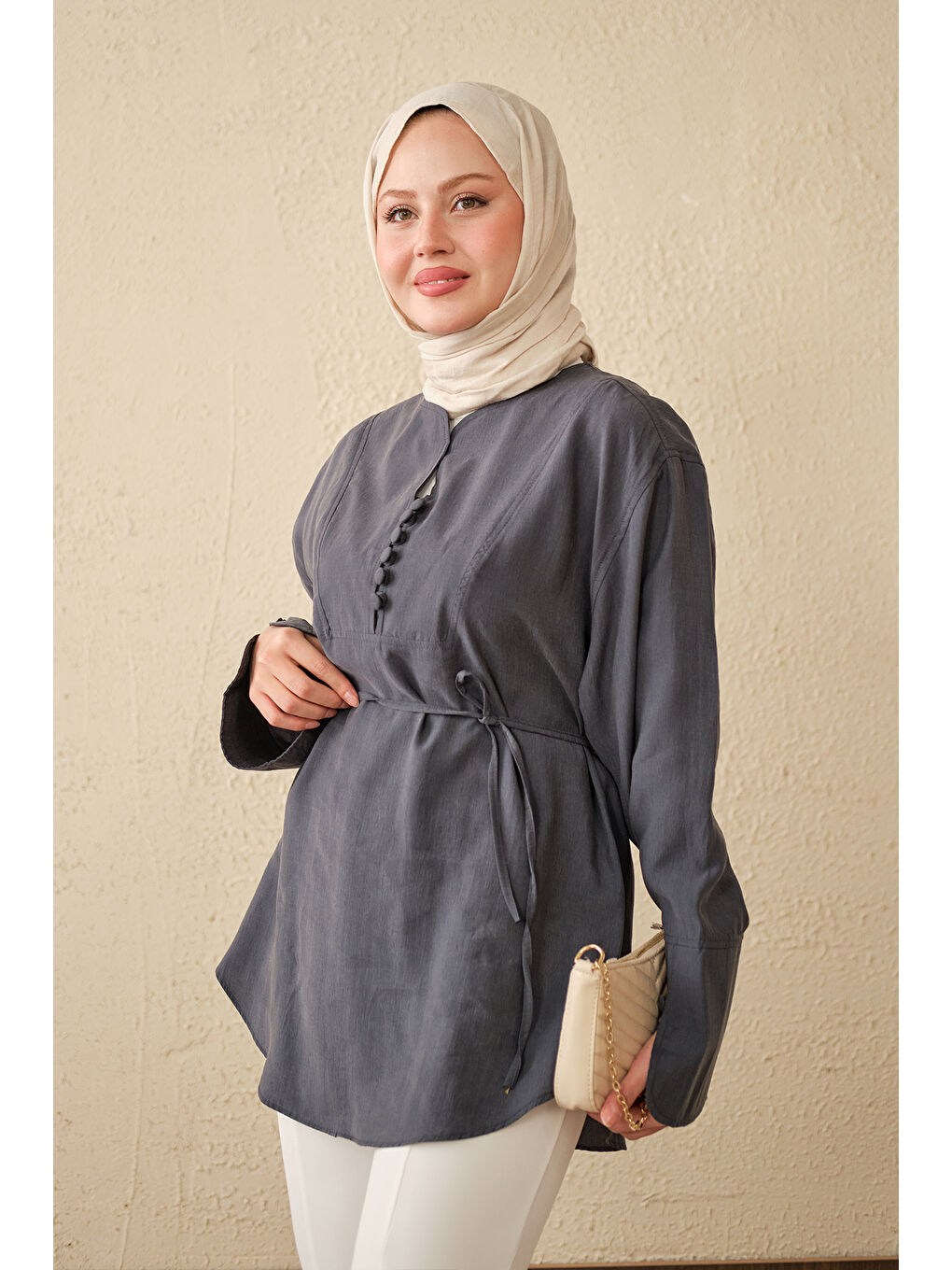 Kadın Önü Çoban Düğmeli Bel Bağlamalı Tunik Antrasit-1