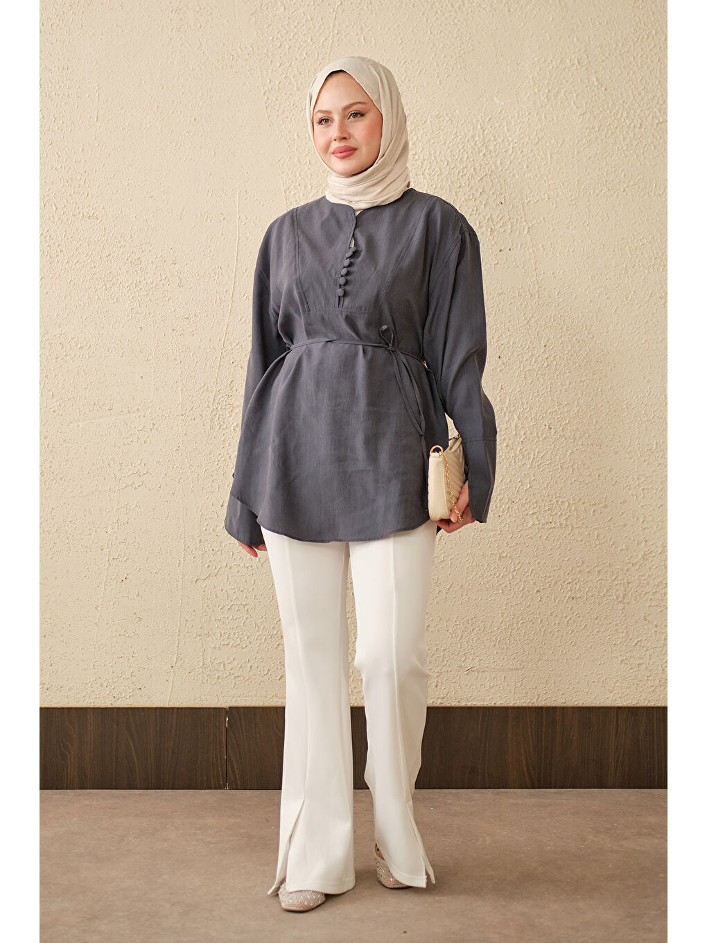 Kadın Önü Çoban Düğmeli Bel Bağlamalı Tunik Antrasit-2