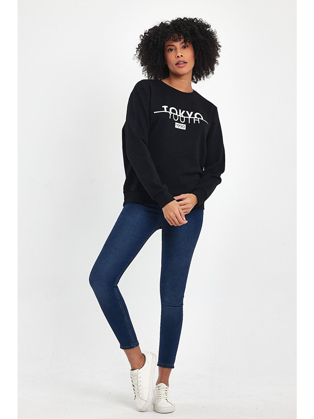 Süperlife Siyah Kadın Bisiklet Yaka Rahat Kalıp 3 iplik Kalın Tokyo Baskılı Sweatshirt SPR24SWk30 - 4